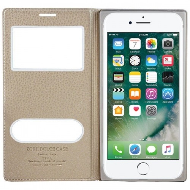 Apple iPhone 7 Plus Kılıf Kapaklı Pencereli Gizli Mıknatıslı Dolce Gold  fiyatı ve özellikleri
